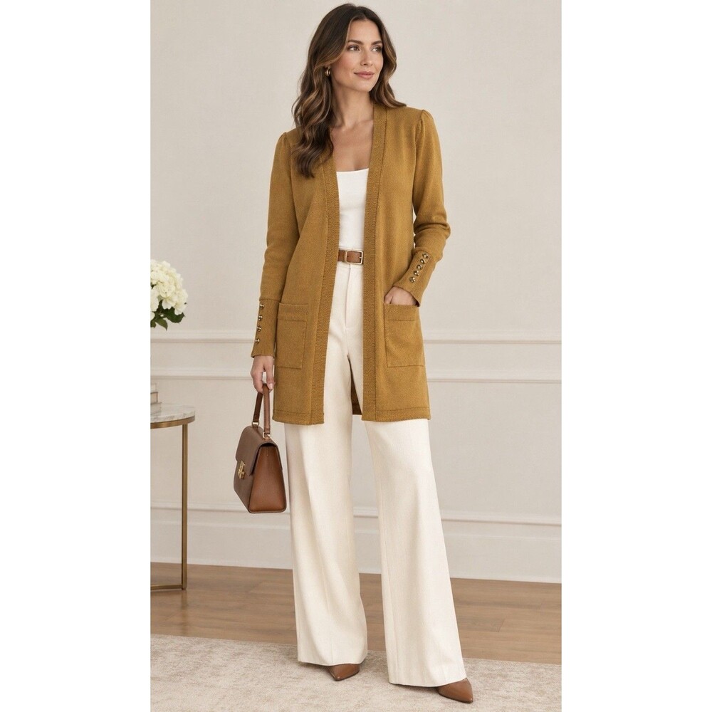 Appleseed's Petite PS Mustard Yellow Open Front Cardigan Sweater Pockets EUC
